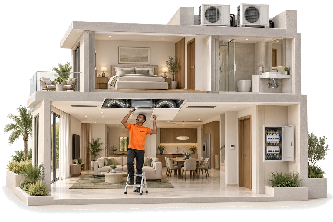 A technician inspecting concealed ducted AC equipment in a villa