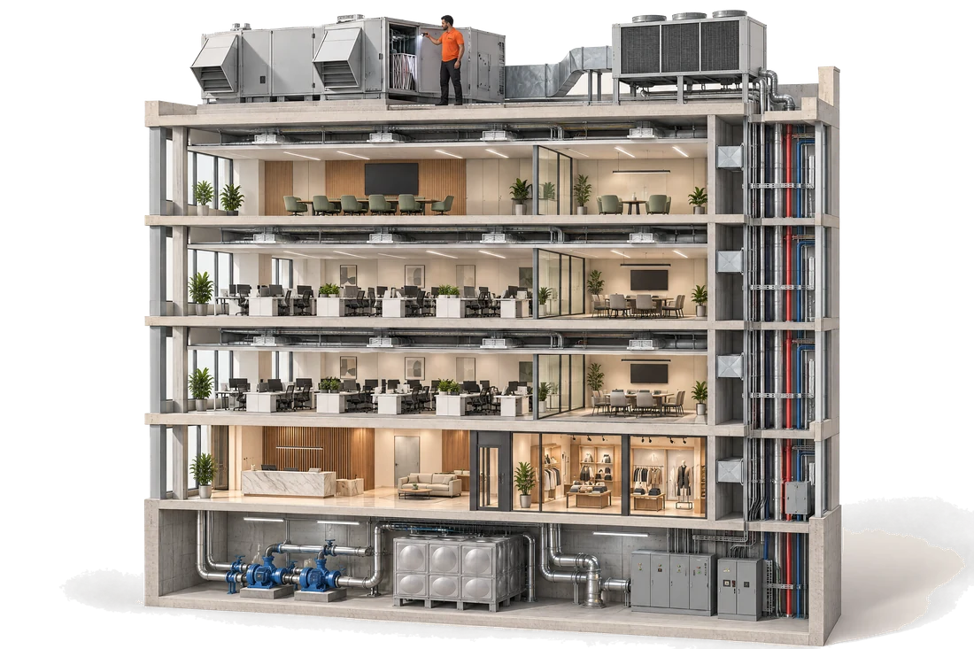 Cutaway view of a mixed-use building and its plant room