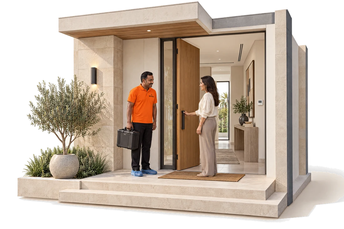 A technician arriving at a villa entrance